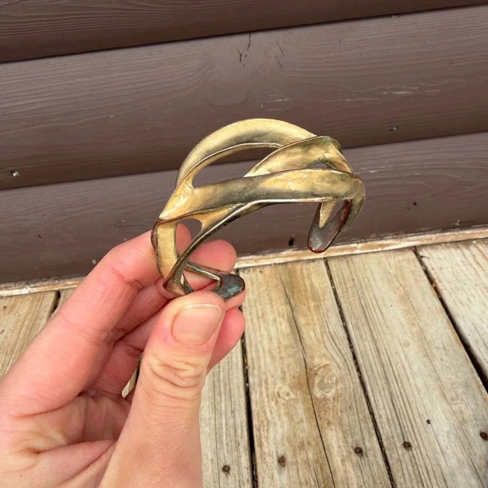 Vtg Abstract Sculptural Cuff Bracelet Gold‎ Tone Interwoven Distressed Modern